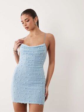Oh Polly Light Blue Beaded Mini Slip Dress